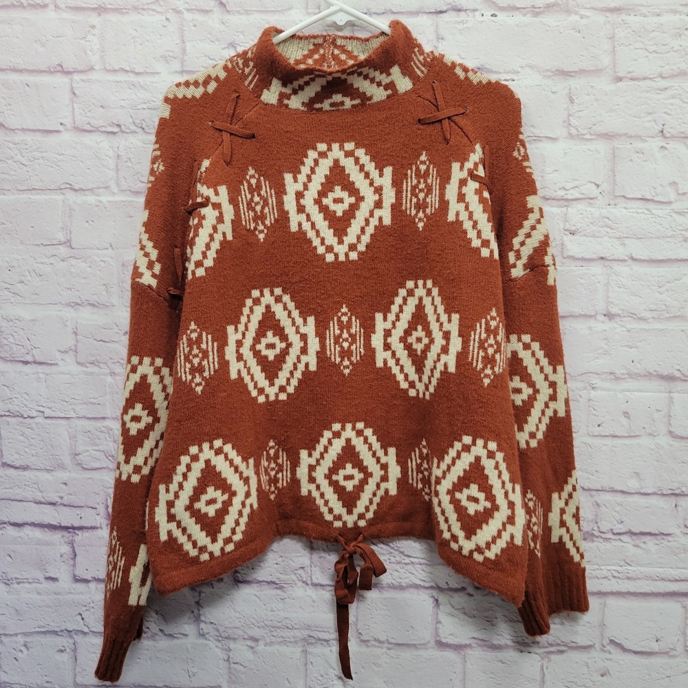 No‎ Boundaries Aztec Tribal Sweater Womens XL Mock Neck Drawstring Cottagecore